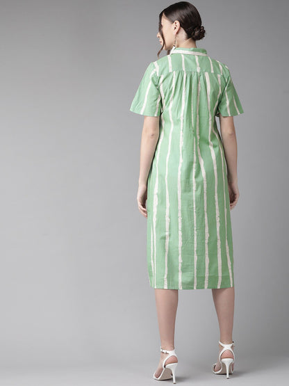 Women's  Green & White Striped Shirt Dress