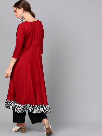 Women's  Maroon Black Solid Anarkali Kurta
