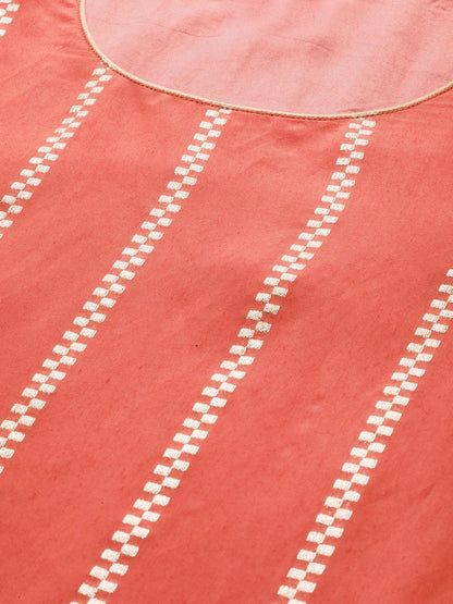 Women's  Coral Orange & Golden Striped Kurta with Sharara & Dupatta