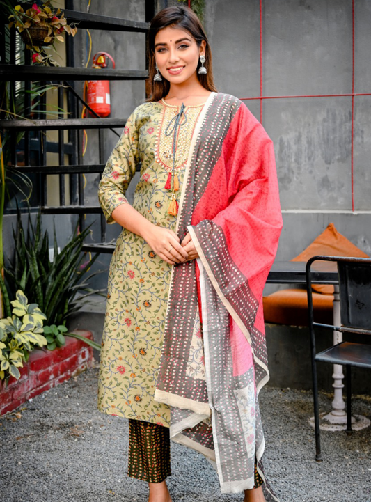 Women's Green Handblock Dupatta Set