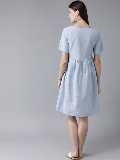 Women's  Blue Embroidered Detail A-Line Dress