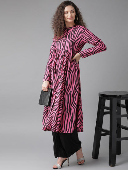 Women's  Pink & Black Printed Anarkali Kurta