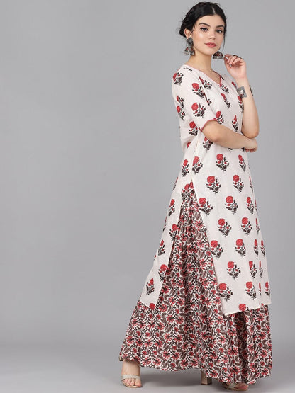 Women's  Off-White & Pink Printed Kurta with Skirt