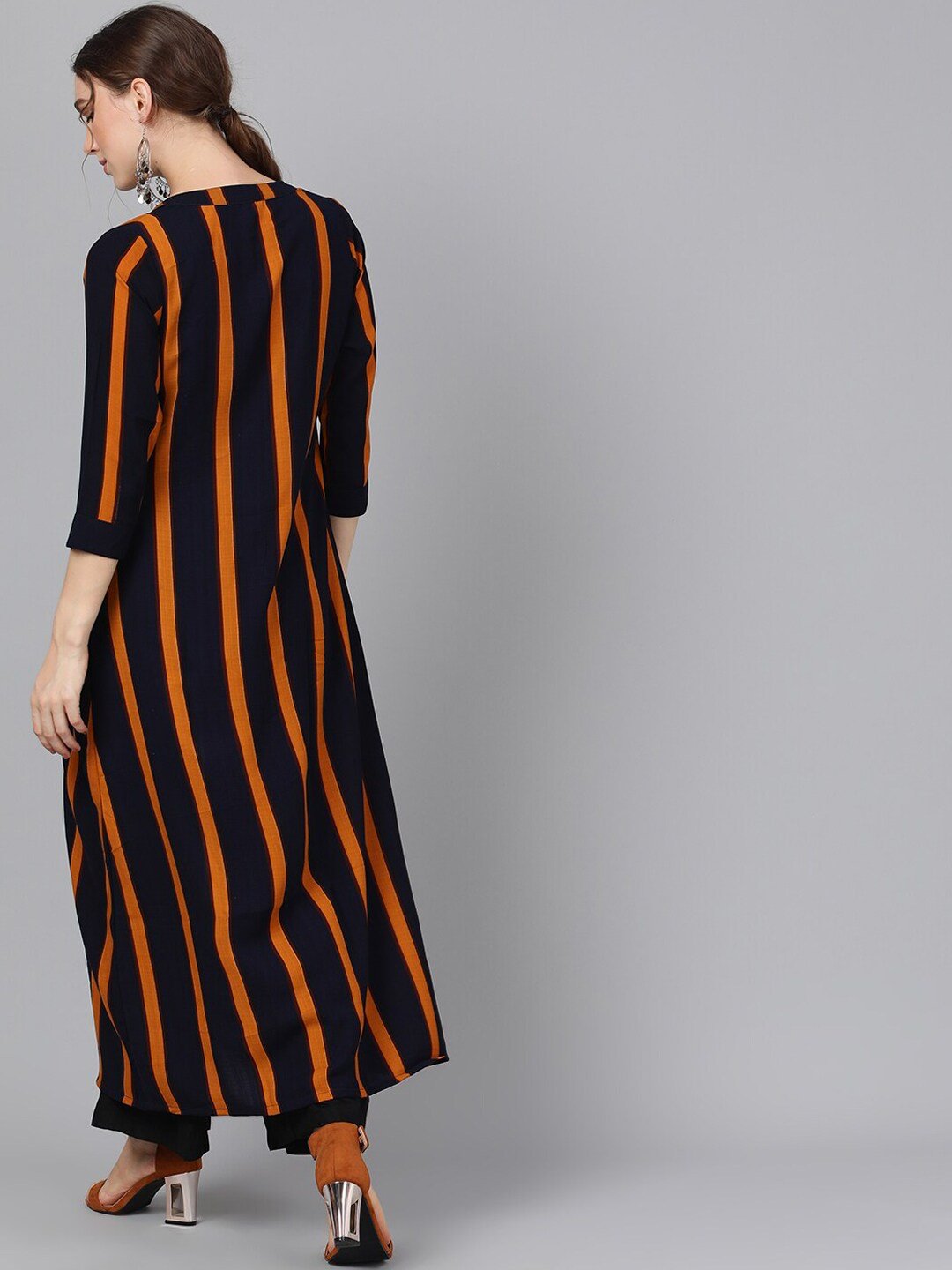 Women's  Navy Blue & Yellow Striped Open Front Jacket
