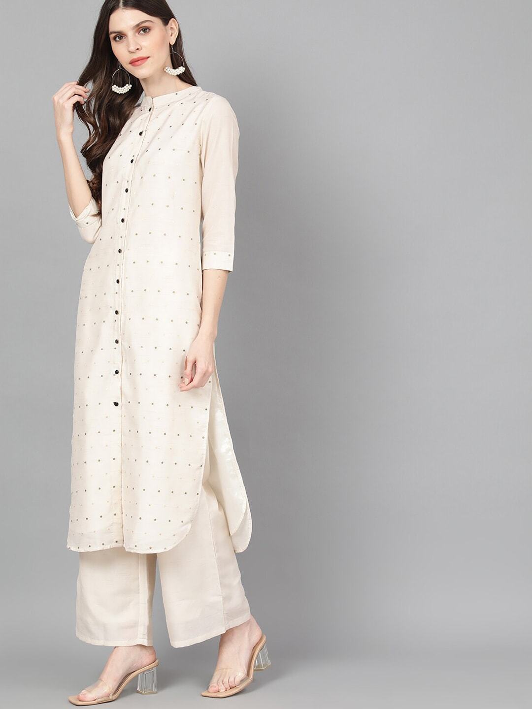 Women's  Off-White & Gold-Coloured Woven Design Straight Kurta