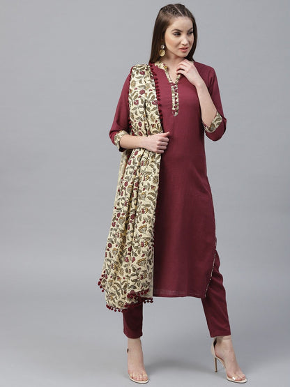 Women's  Maroon Solid Kurta with Trousers & Dupatta