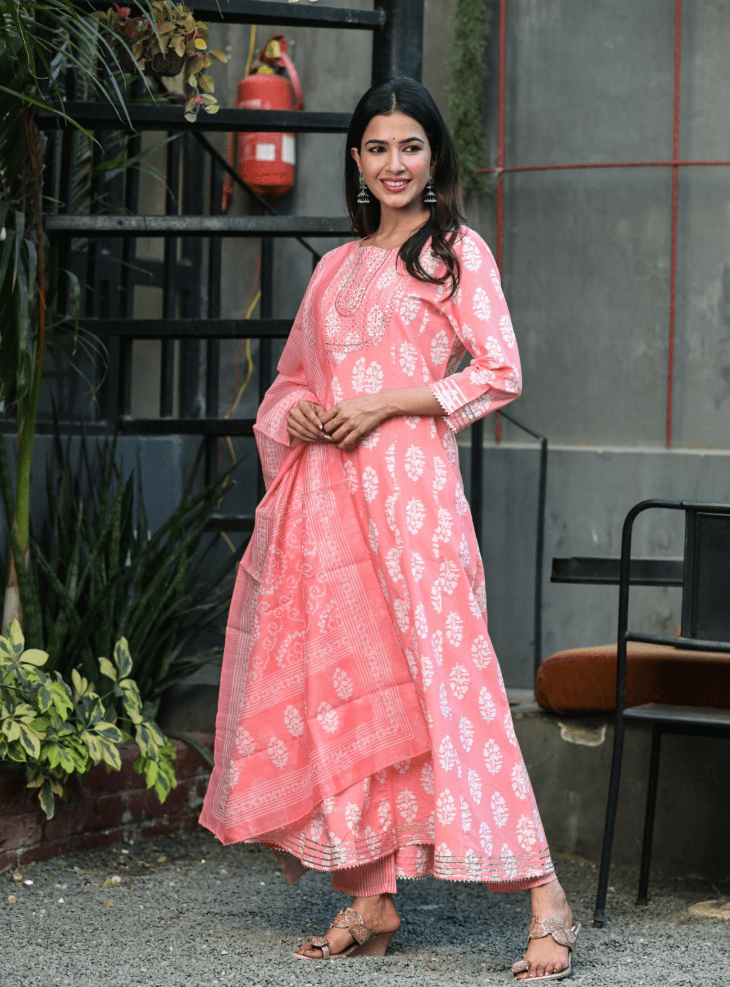 Women's Pink Handblock Dupatta Set