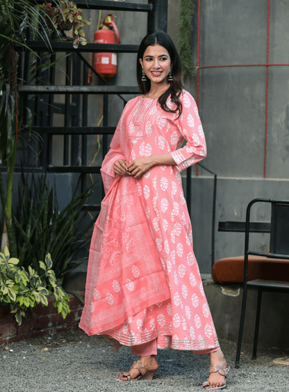 Women's Pink Handblock Dupatta Set