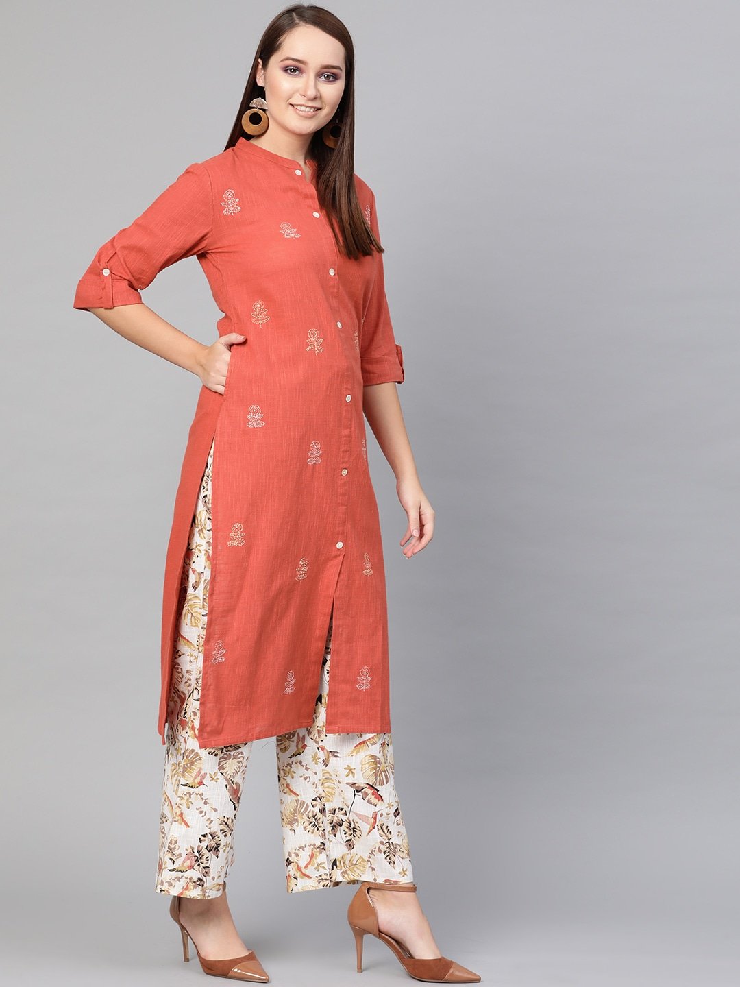 Women's  Rust Orange & Off-White Embroidered Kurta with Palazzos