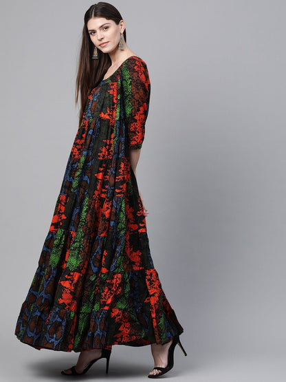 Women's  Black & Orange Animal Printed Tiered Maxi Dress