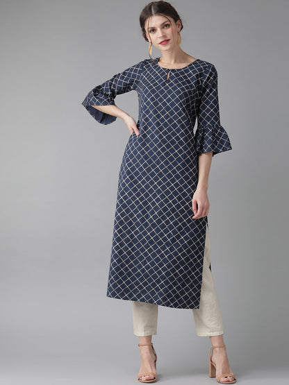 Women's Navy Blue Checked Kurta