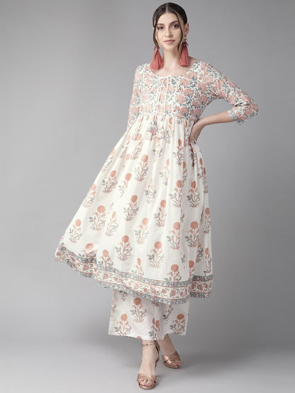 Women's  White & Rust Red Printed Anarkali Kurta