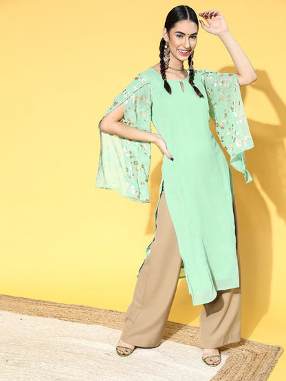 Women's Sea Green Gold Foil Print Kurta With Potli Bag