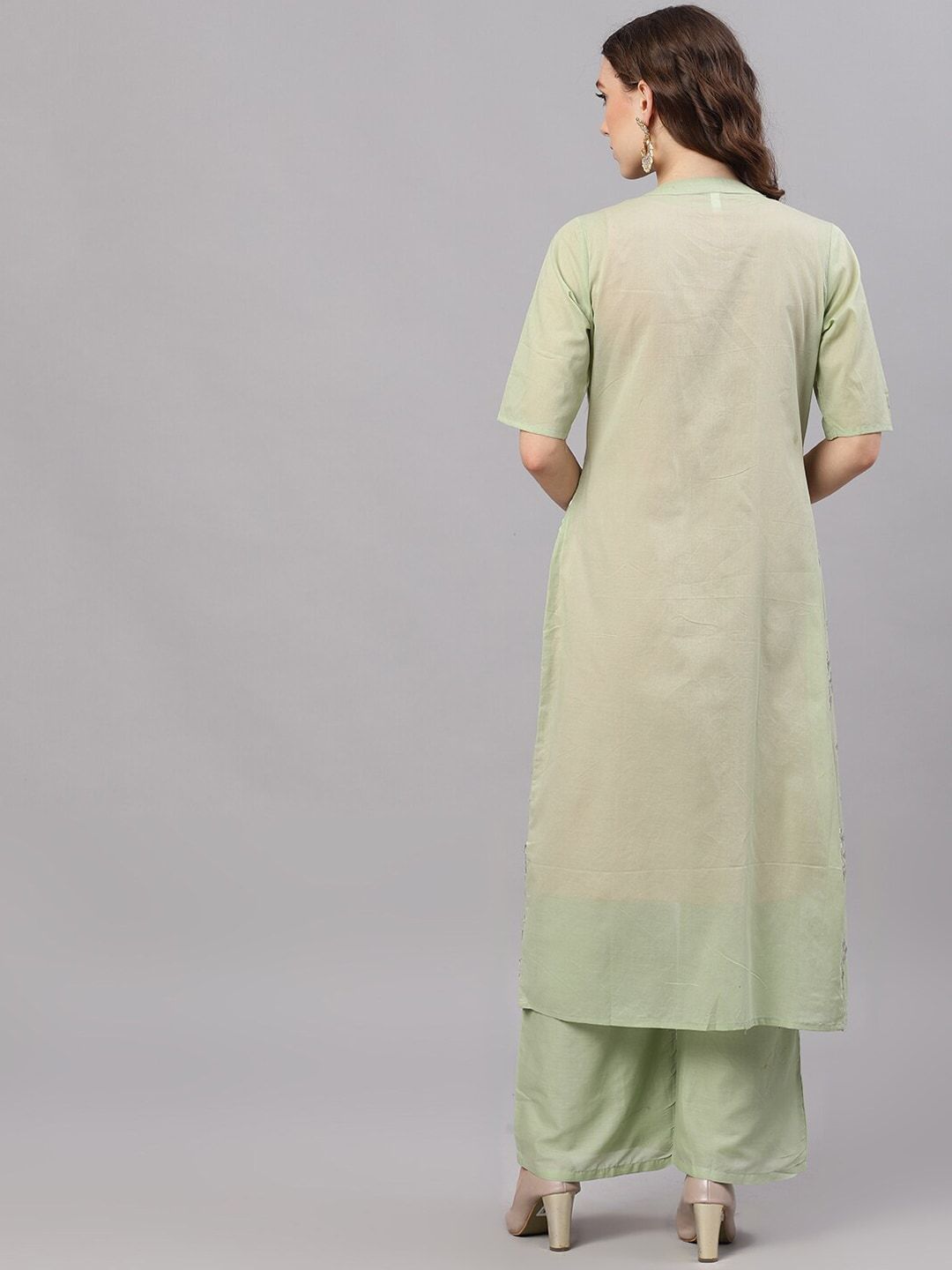 Women's  Green & Pink Mirror Work Kurta with Palazzos & Ethnic Shrug