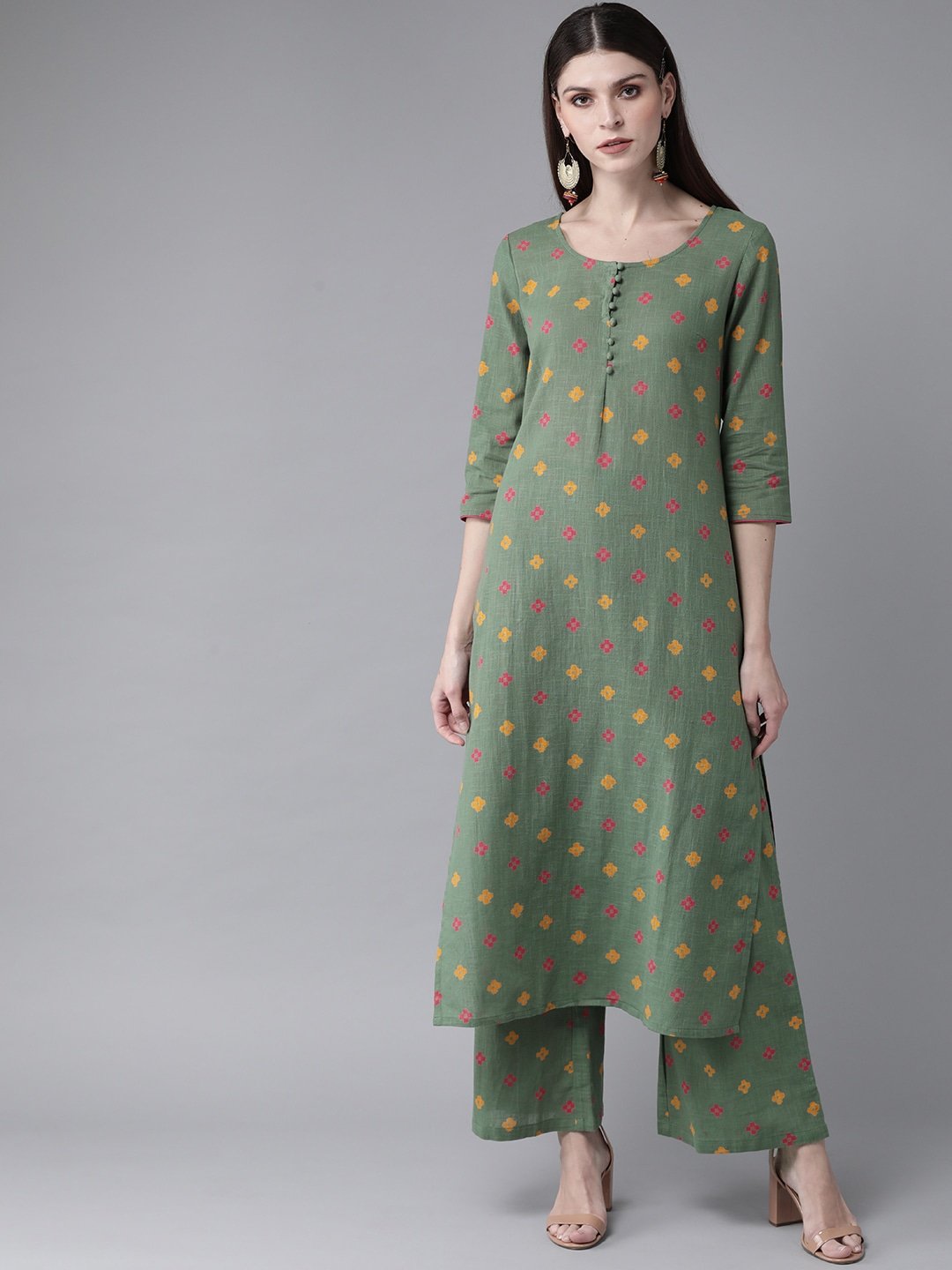 Women's  Green & Pink Printed Kurta with Palazzos