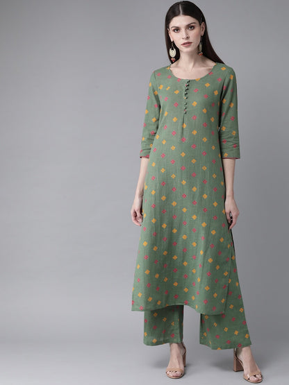 Women's  Green & Pink Printed Kurta with Palazzos