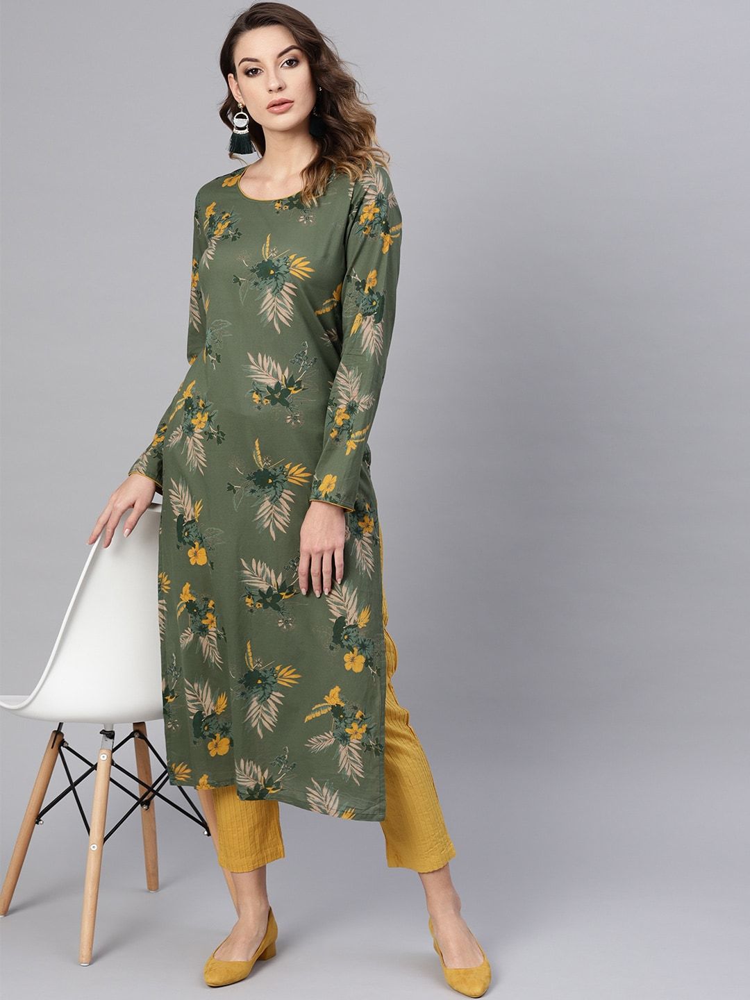 Women's  Olive Green & Mustard Yellow Floral Printed Straight Kurta