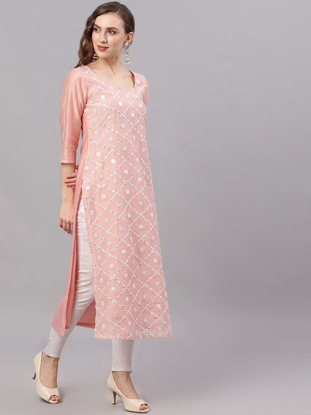 Women's  Peach-Coloured & White Embroidered Straight Kurta