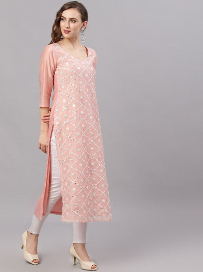 Women's  Peach-Coloured & White Embroidered Straight Kurta