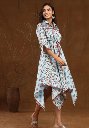 Women's Cambric Floral Print Asymmetric Dress With Mask