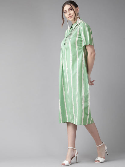 Women's  Green & White Striped Shirt Dress