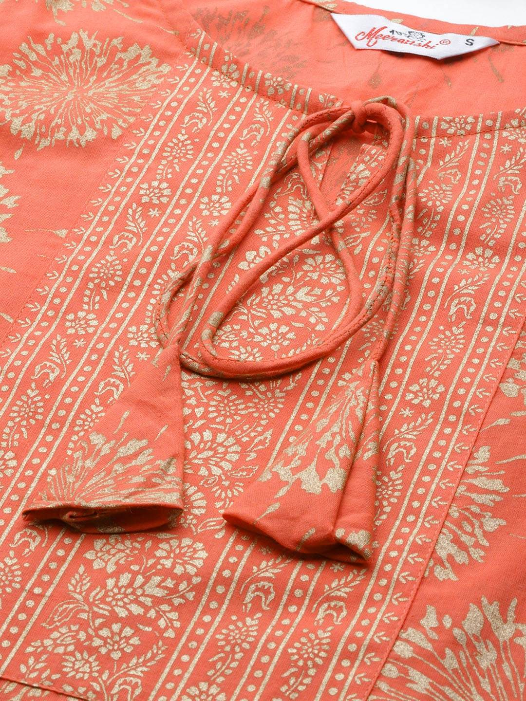 Women's Coral Orange & Golden Printed Cotton Kurta with Palazzos