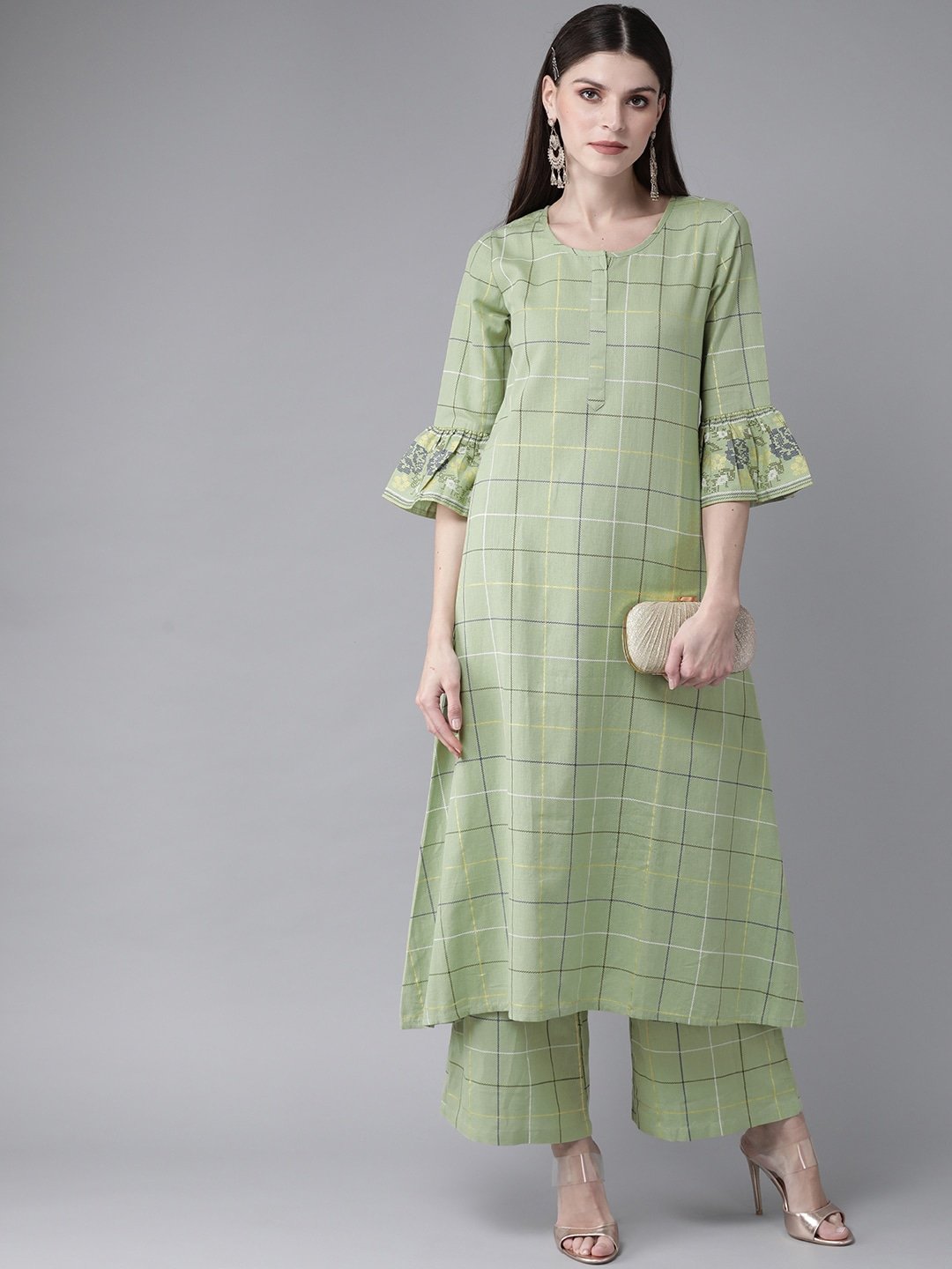 Women's  Green & Navy Blue Checked A-Line Kurta