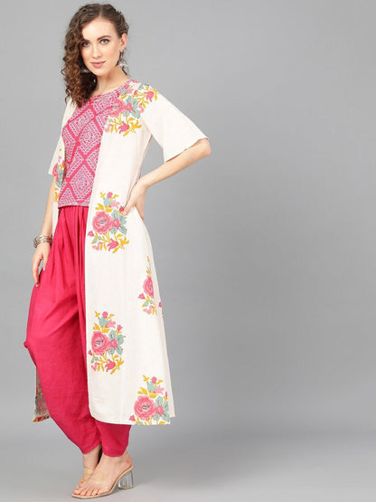 Women's  Off-White & Pink Floral Printed Open Front Shrug