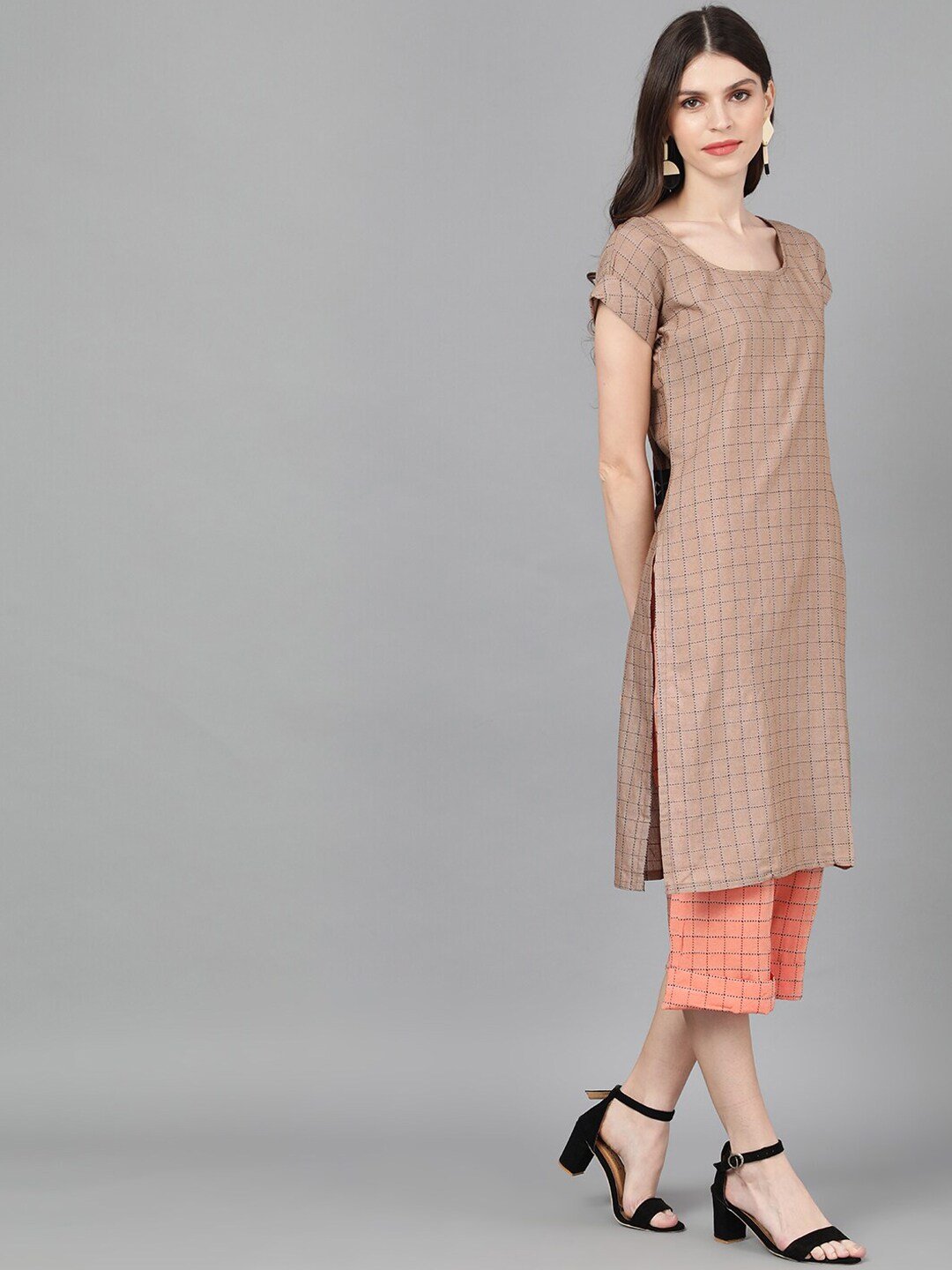Women's  Brown & Peach-Coloured Embroidered Kurta with Trousers