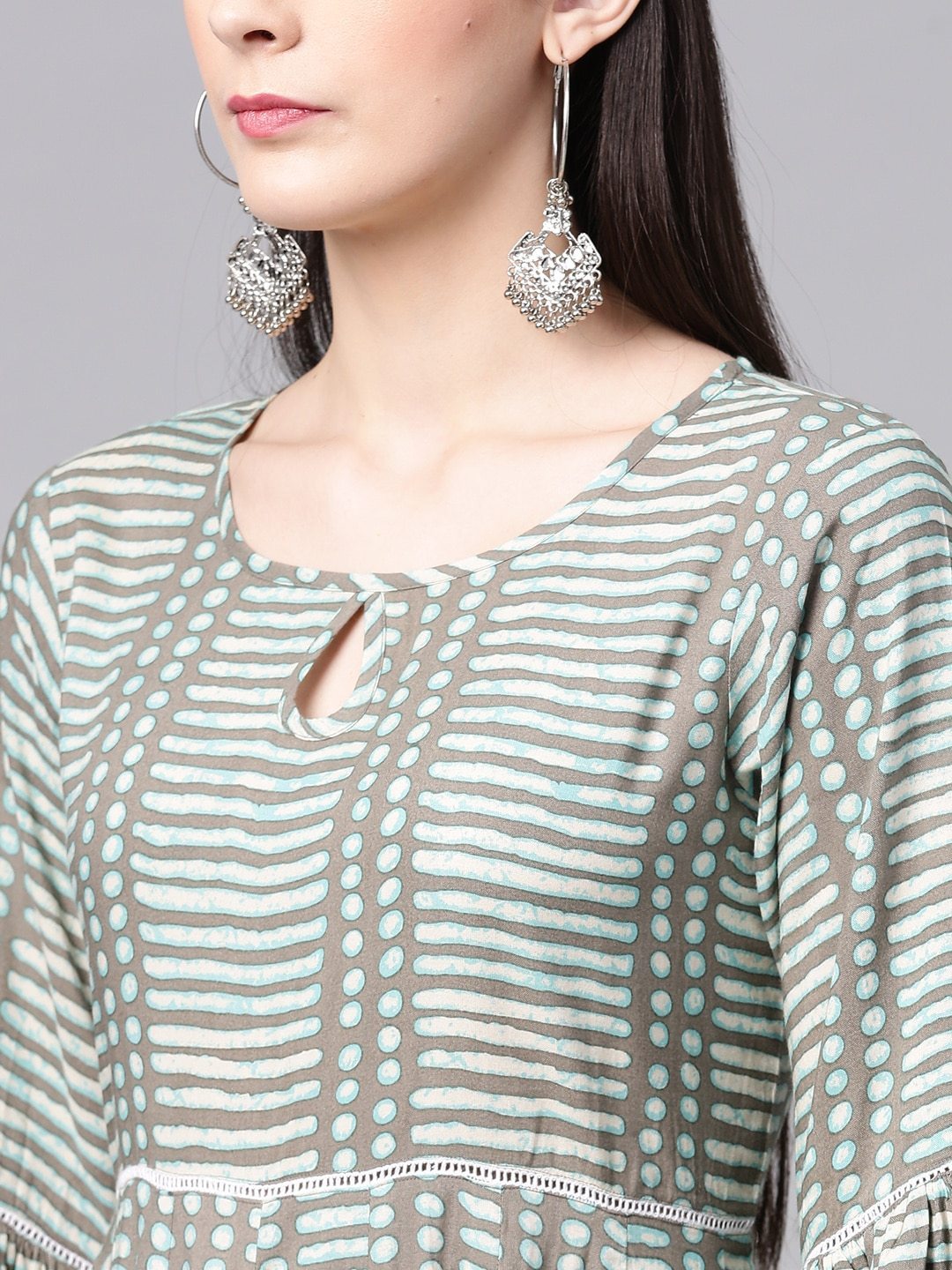 Women's  Grey & Blue Printed Empire Dress