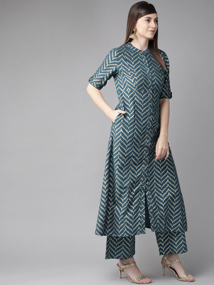 Women's  Teal Blue & Golden Chevron Print A-Line Kurta