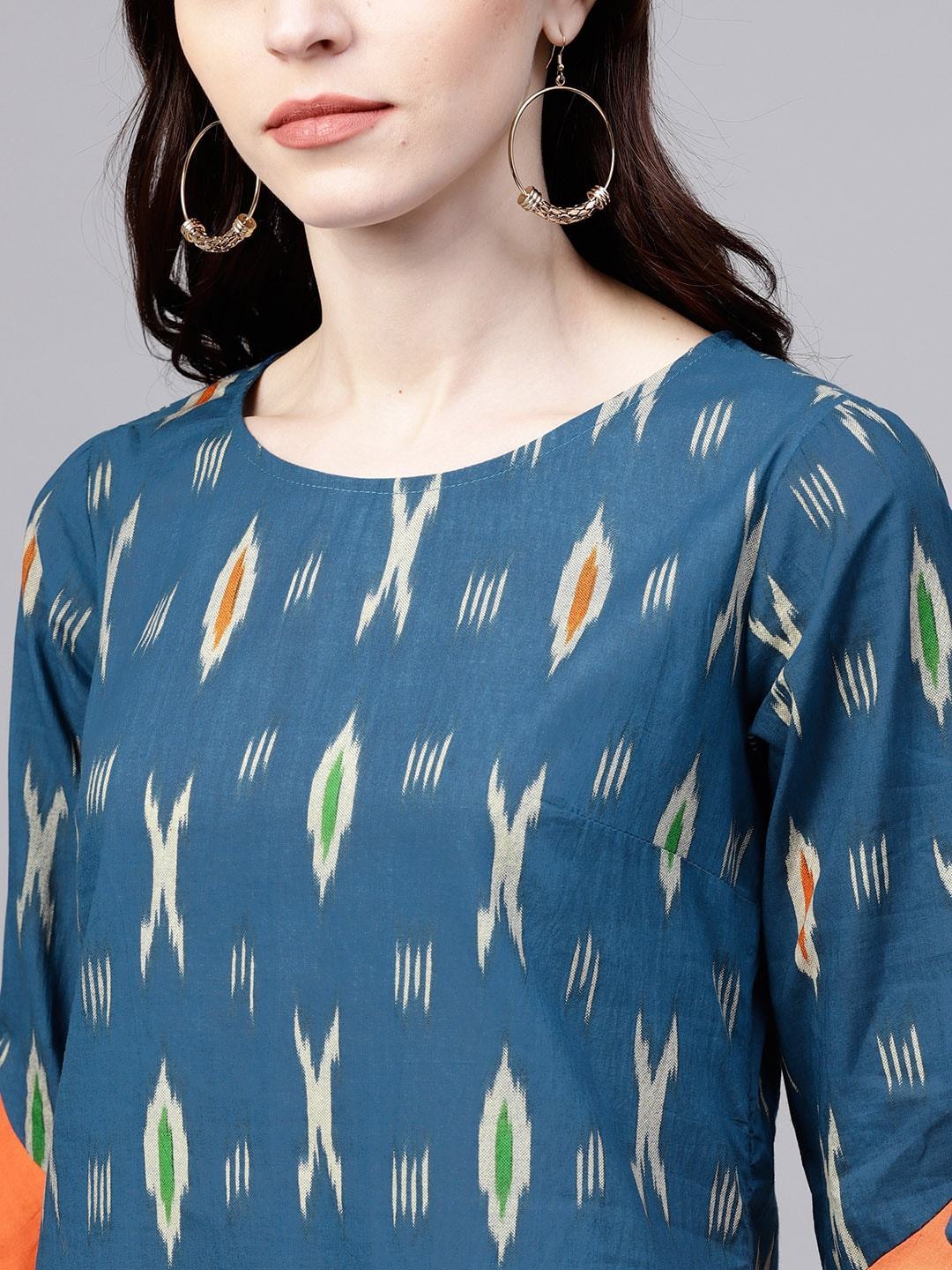Women's  Navy Blue & Grey Printed A-Line Dress