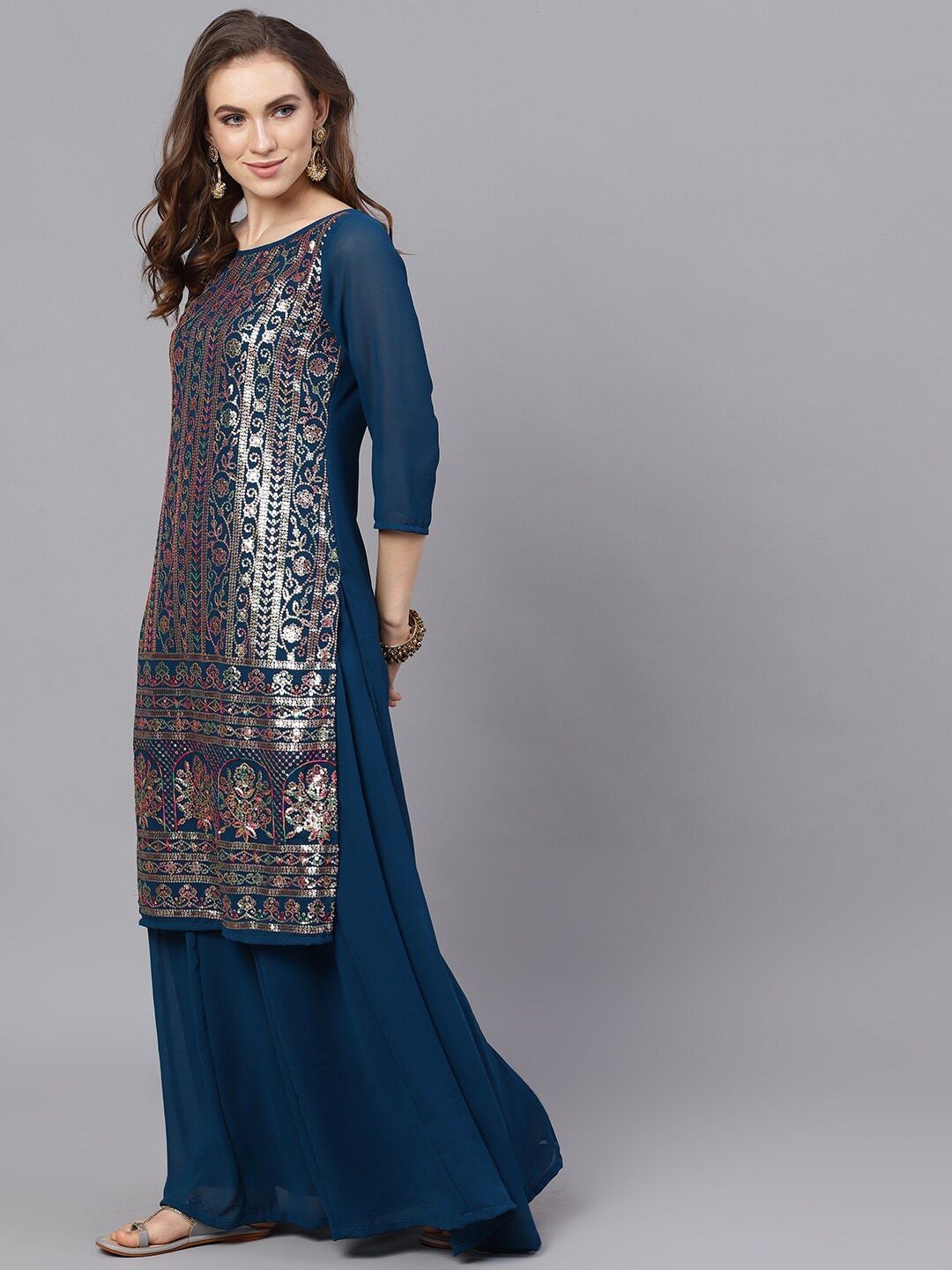 Women's  Navy Blue Printed Kurta with Palazzos