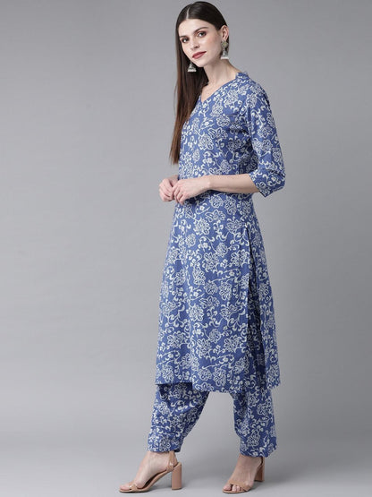 Women's  Blue & White Printed Kurta with Salwar & Dupatta