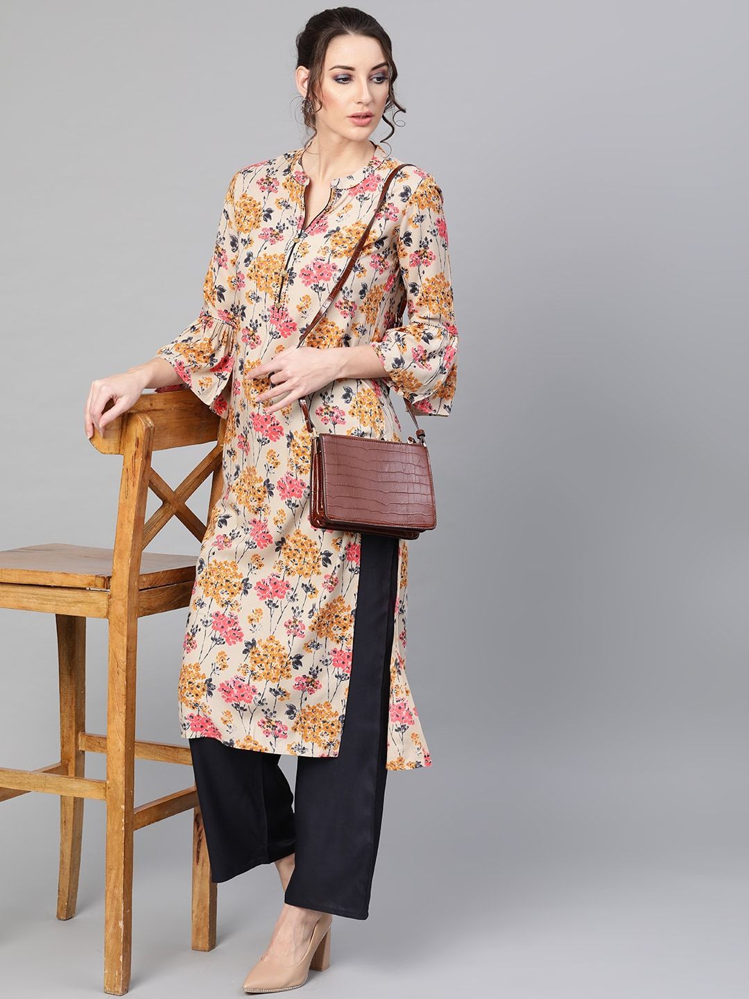 Women's  Cream-Coloured & Navy Blue Printed Kurta with Palazzos