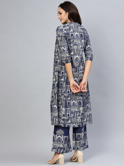 Women's  Navy Blue & Off-White Quirky Khari Print Layered A-Line Kurta