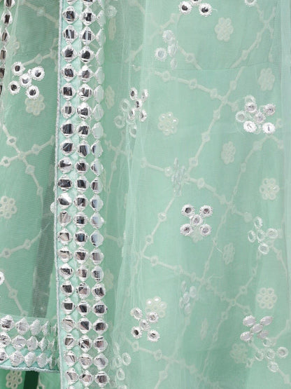 Women's White & Green Mirror Work Kurti With Sharara & Net Dupatta