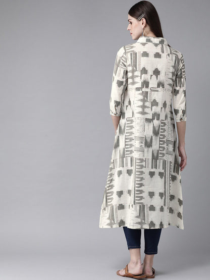 Women's  Off-White & Olive Green Printed A-Line Kurta