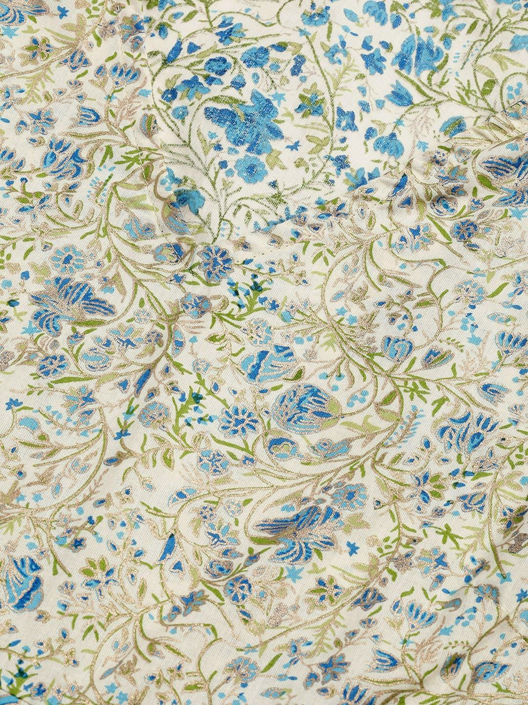 Women's  Cream-Coloured & Blue Kahri Print Tiered A-Line Kurta