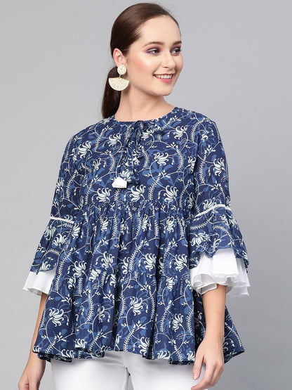Women's  Navy Blue & White Printed A-Line Tunic
