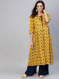 Women's  Mustard Yellow & Green Printed A-Line Maternity Kurta