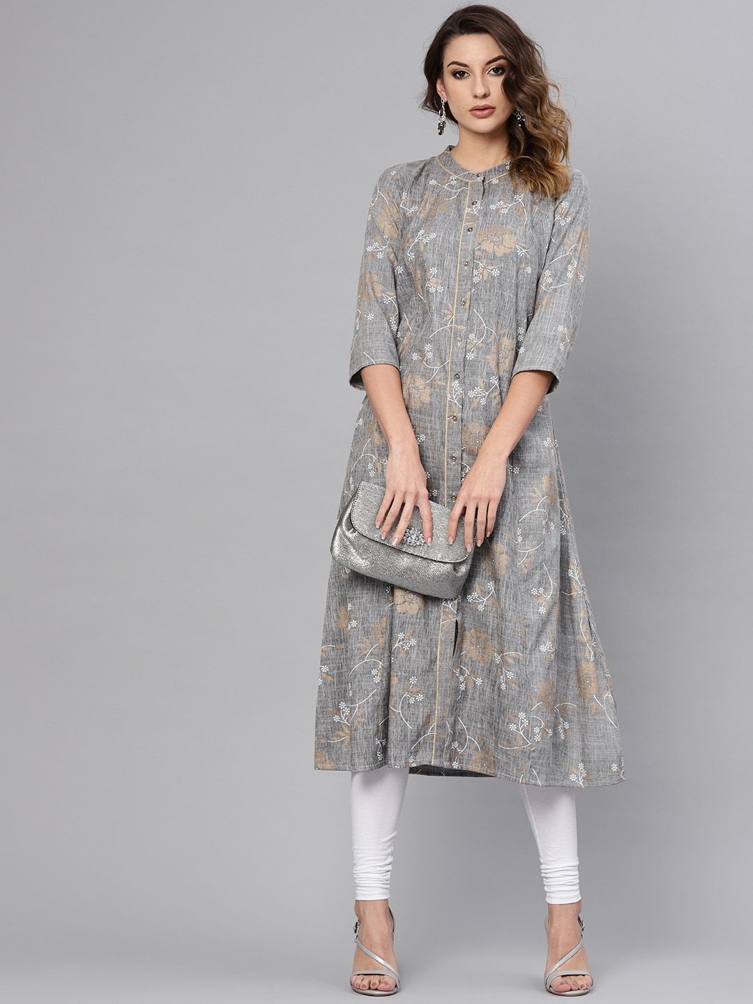 Women's  Grey & Golden Floral Printed A-Line Kurta