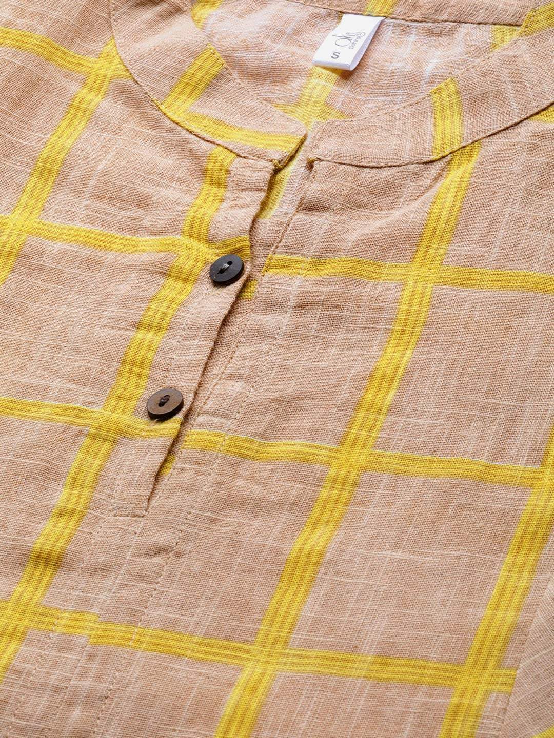 Women's  Beige & Mustard Yellow & Beige Checked Kurta with Trousers