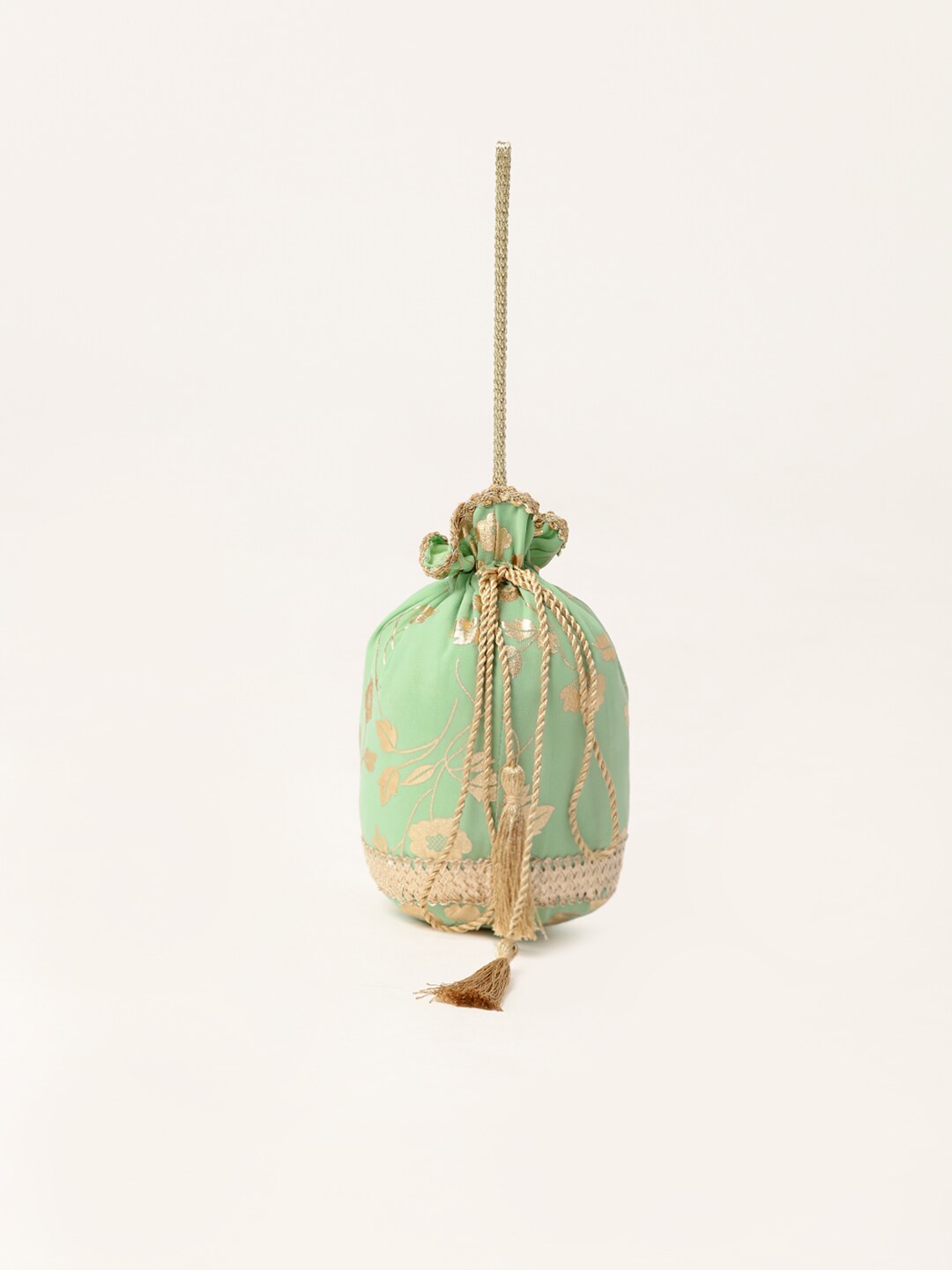 Women's Sea Green Gold Foil Print Kurta With Potli Bag