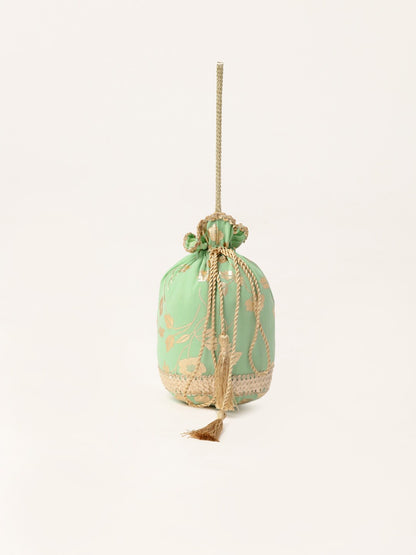 Women's Sea Green Gold Foil Print Kurta With Potli Bag