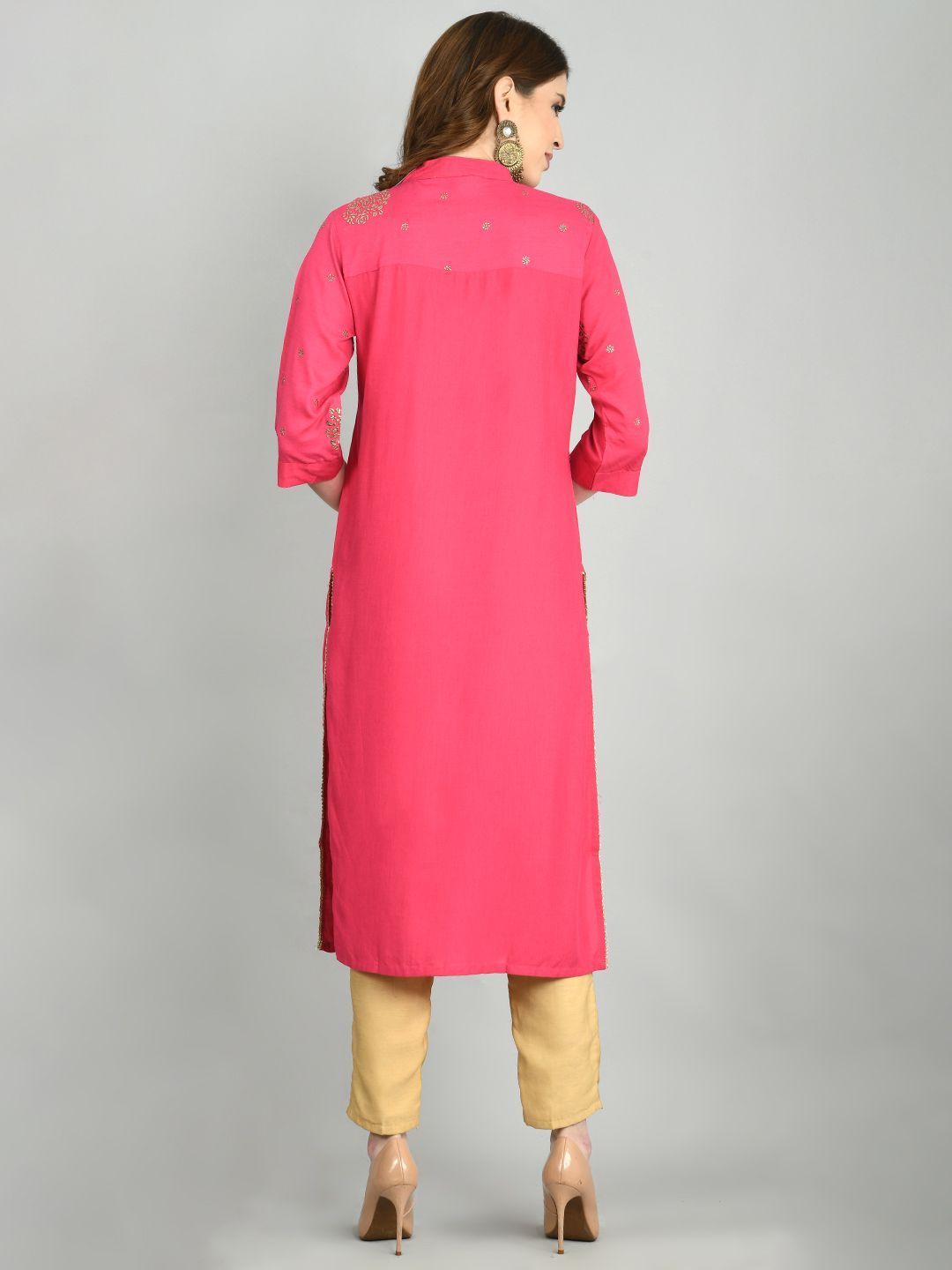 Women's Pink Cotton Printed 3/4 Sleeve Mandarin Neck Casual Kurta Dupatta Set