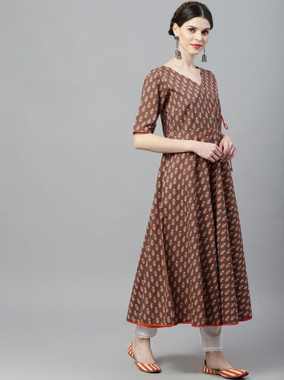 Women's  Brown & Orange Checked Anarkali Kurta