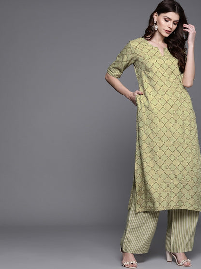 Women's  Green & Golden Printed Kurta with Palazzos