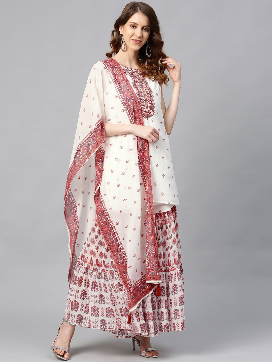 Women's Georgette Printed Straight Kurta Sharara Dupatta Set