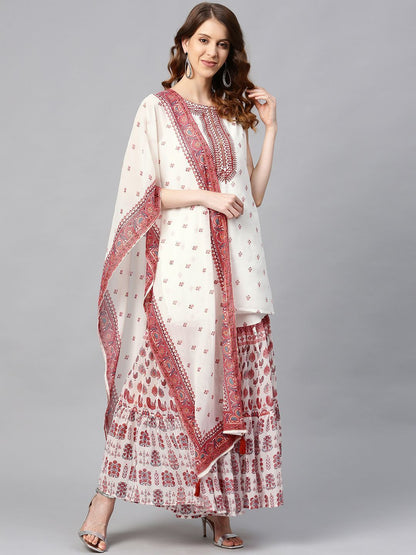 Women's Georgette Printed Straight Kurta Sharara Dupatta Set